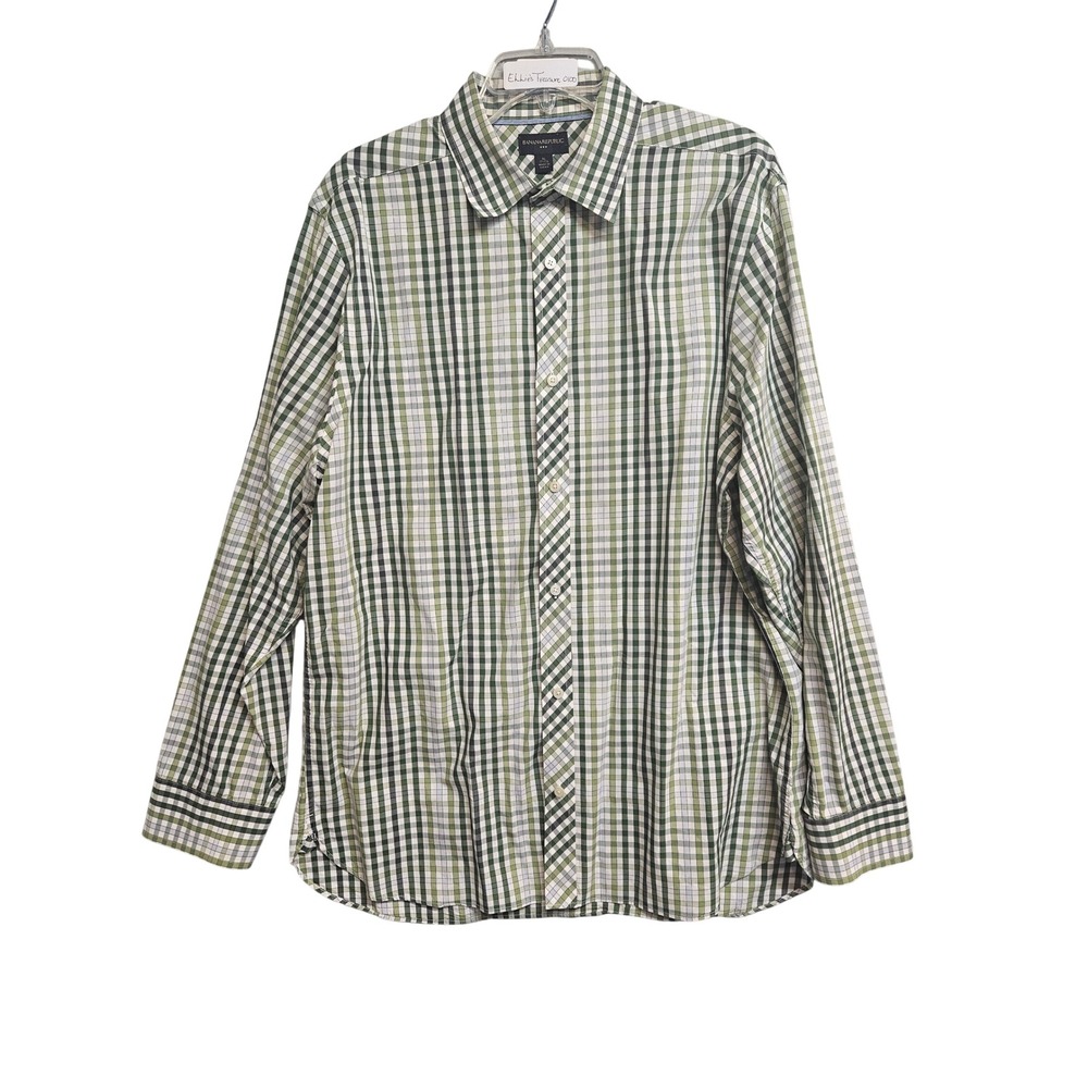 Banana Republic Mens XL Green White Gingham Plaid Long Sleeve Button Down Shirt